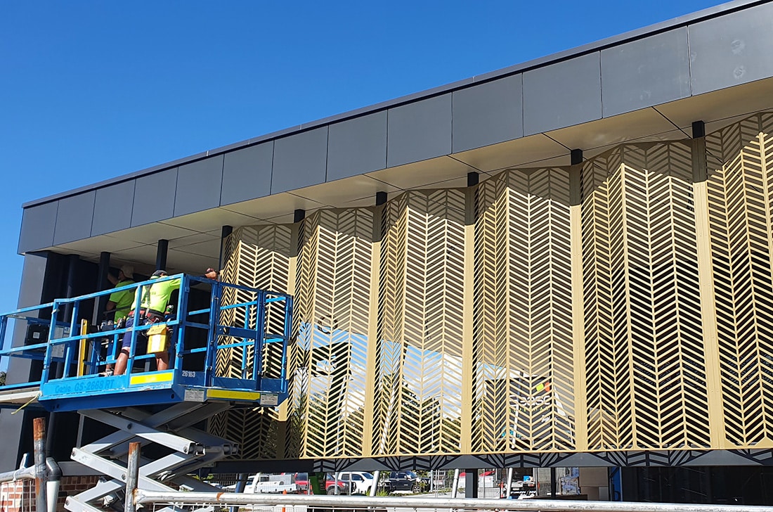 Decorative aluminium installation on commercial building Sunshine Coast Burpengary